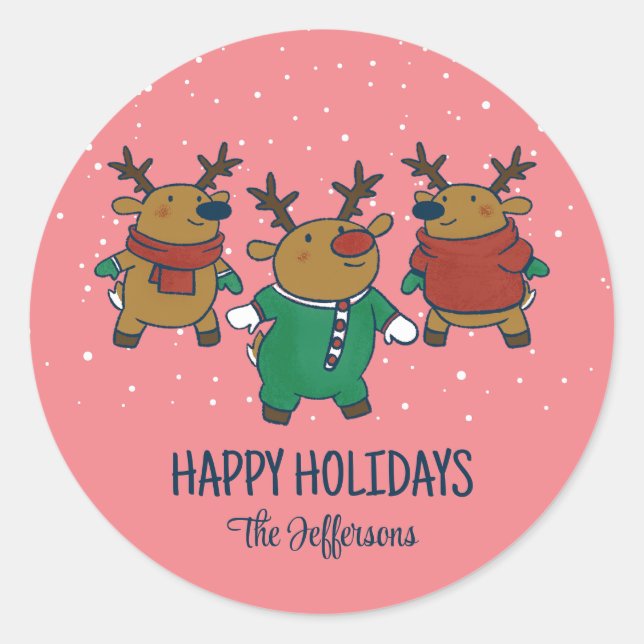 Cute Reindeer Christmas Joy Snowy Winter Holiday Classic Round Sticker (Front)