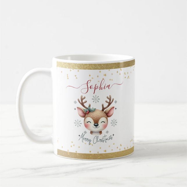 Cute Reindeer Christmas Kids Hot Chocolate Mug (Left)