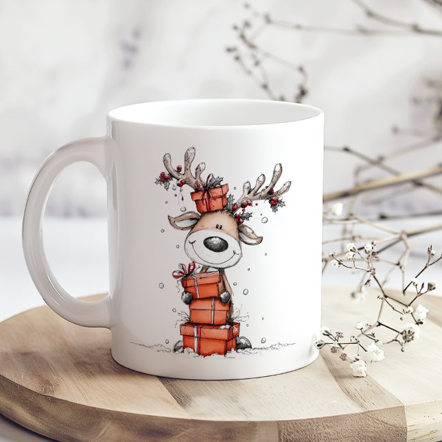 Cute Reindeer Christmas Mug – Oh Deer! (Cute Reindeer Christmas Mug – Oh Deer! on a boho wooden table with tiny white flowers)