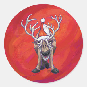Cute Reindeer Christmas On Red Classic Round Sticker