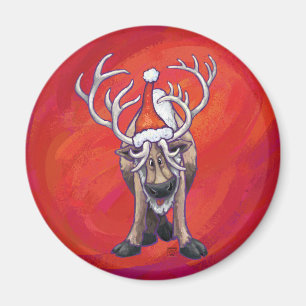Cute Reindeer Christmas On Red Magnet