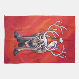 Cute Reindeer Christmas On Red Tea Towel