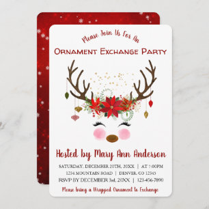 Cute Reindeer Christmas Ornament Exchange Party Invitation