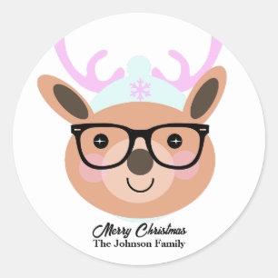 Cute Reindeer Christmas Party Scarf Hat Glasses  Classic Round Sticker
