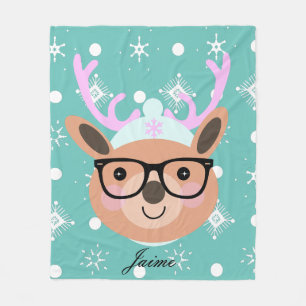 Cute Reindeer Christmas Party Scarf Hat Glasses    Fleece Blanket
