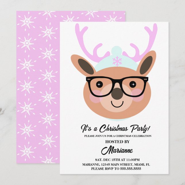 Cute Reindeer Christmas Party Scarf Hat Glasses Invitation (Front/Back)