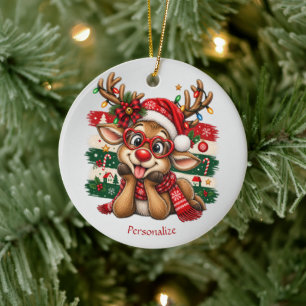 Cute Reindeer Christmas Personalised Holiday Ceramic Tree Decoration