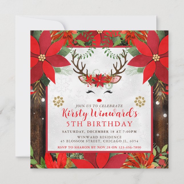 Cute Reindeer Christmas Poinsettia 5th Birthday Invitation (Front)