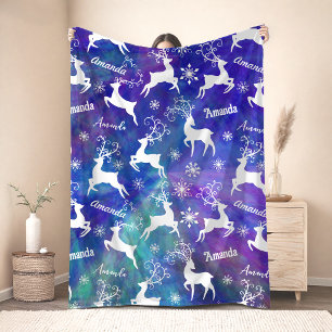 Cute reindeer Christmas repeating name colourful Fleece Blanket
