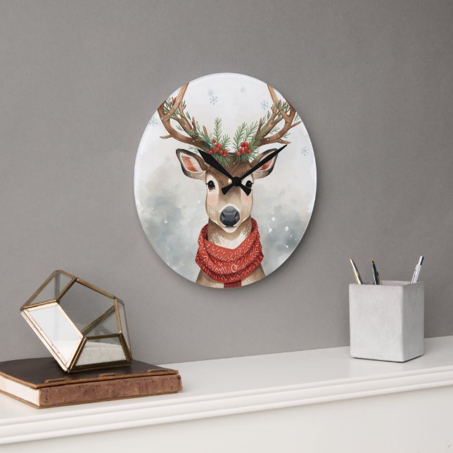 Cute Reindeer Christmas Round Wall Clock (Office)