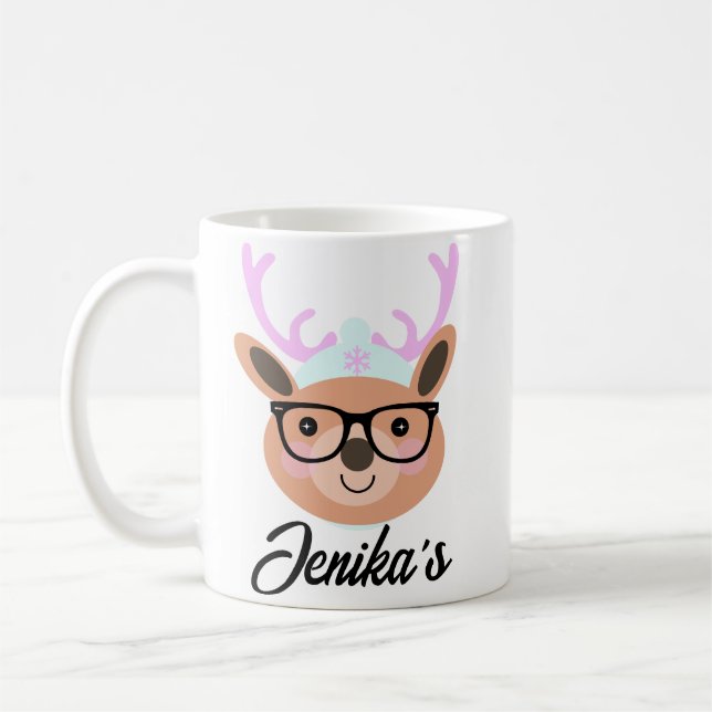 Cute Reindeer Christmas Scarf Hat Glasses Funny Coffee Mug (Left)