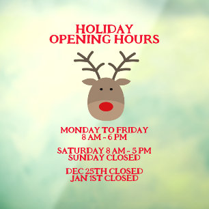 Cute reindeer Christmas shop opening hours custom  Window Cling