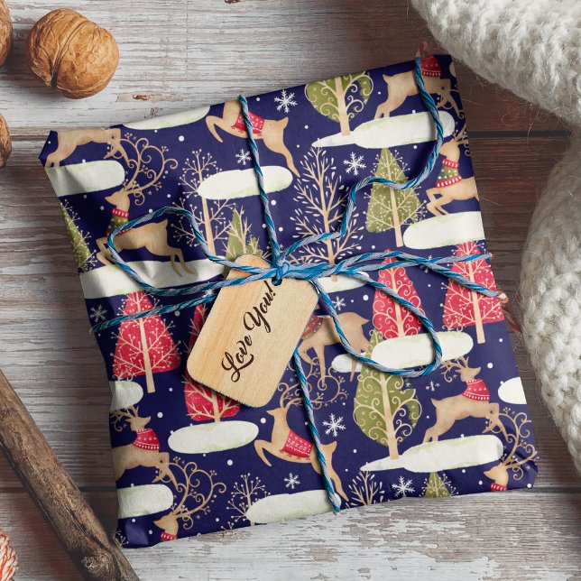 Cute reindeer Christmas trees blue Wrapping Paper (Creator Uploaded)