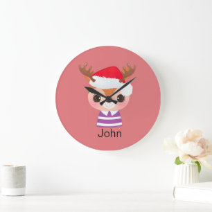 Cute Reindeer Christmas Winter Animal Large Clock