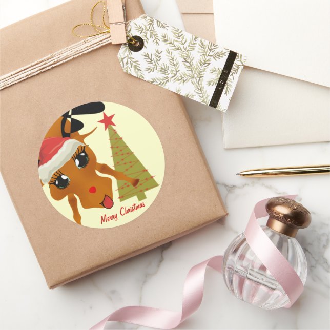Cute Reindeer Classic Round Sticker (Gifting)