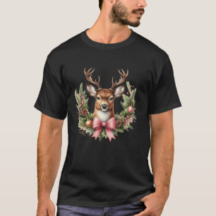 Cute Reindeer Coquette Pink Bow Wreath Christmas V T-Shirt