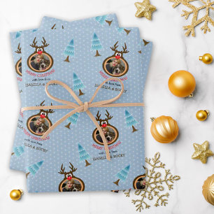 Cute Reindeer Custom Photo Frame Blue Wrapping Paper Sheet
