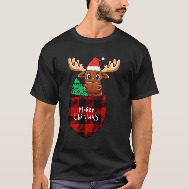 Cute Reindeer Cute Plaid Pocket For Animal Lovers  T-Shirt (Front)