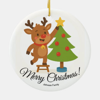 Cute Reindeer Decorating Tree Personalized Name Ceramic Tree Decoration