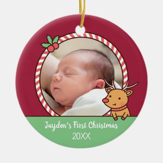 Cute Reindeer Doodle Baby's First Christmas Photo Ceramic Tree Decoration (Front)