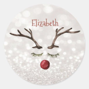 Cute Reindeer Face,Bokeh    Classic Round Sticker