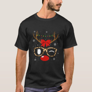 Cute Reindeer Face Bow Leopard Glasses Christmas L T-Shirt