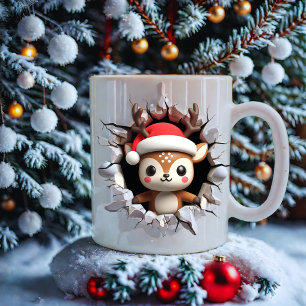 Cute Reindeer Face Christmas with Santa Hat Coffee Mug