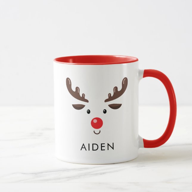 Cute Reindeer Face Mug with Red Handle (Right)