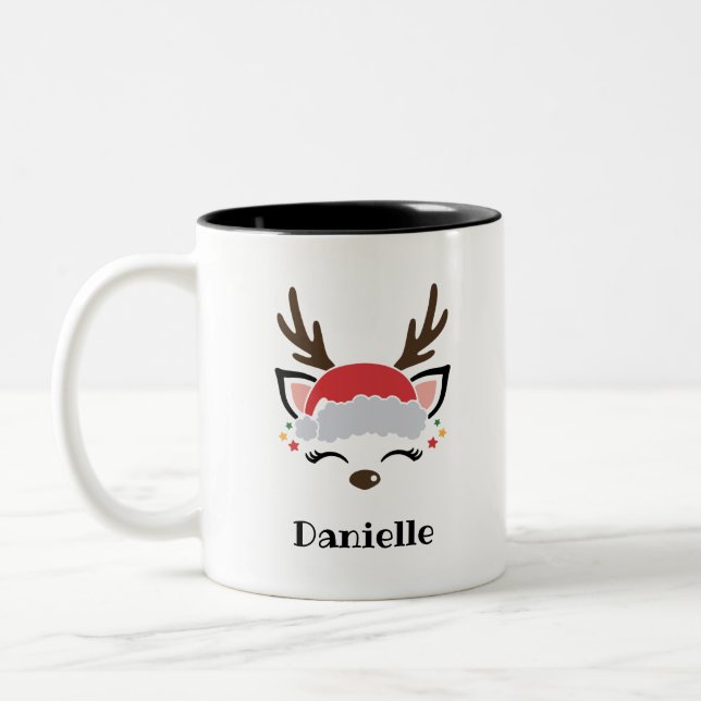 Cute Reindeer Face Personalised Name Holiday Deer Two-Tone Coffee Mug (Left)