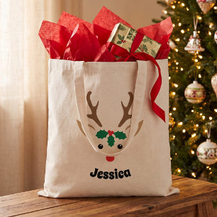 Cute Reindeer Face Personalized Christmas Tote Bag