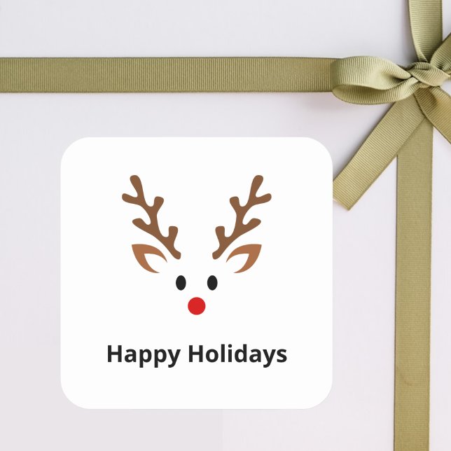 Cute Reindeer Face with Red Nose Name Square Sticker (Creator Uploaded)