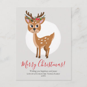 Cute Reindeer Floral Christmas Wreath Family Holiday Postcard
