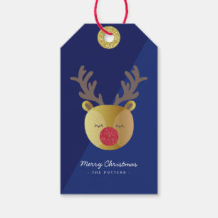 Cute Reindeer   Fun Christmas Blue & Gold Gift Tags