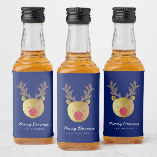 Cute Reindeer Fun Christmas Blue & Gold Liquor Bottle Label