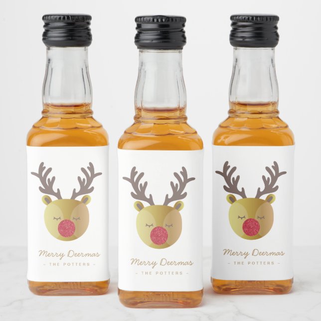 Cute Reindeer | Fun Christmas White & Gold Liquor Bottle Label (Bottles)