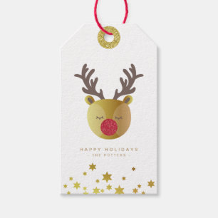 Cute Reindeer   Fun Christmas White & Gold Mini Gift Tags
