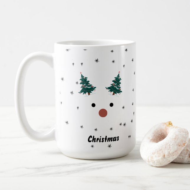 Cute Reindeer Girl Santa Hat Custom Name Christmas Coffee Mug (With Donut)