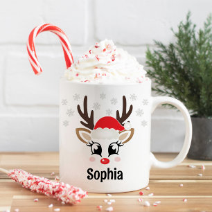 Cute Reindeer Girl Santa Hat Custom Name Christmas Coffee Mug