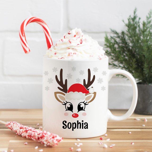 Cute Reindeer Girl Santa Hat Custom Name Christmas Coffee Mug (Creator Uploaded)