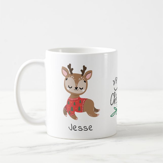 Cute Reindeer Girly Personalised Name Christmas Coffee Mug (Left)