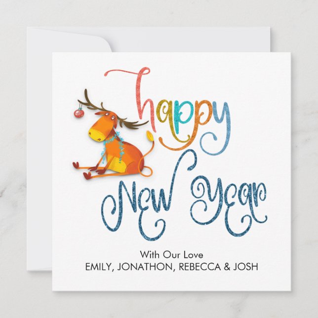  Cute Reindeer Glitter Name Happy New Year Card (Front)