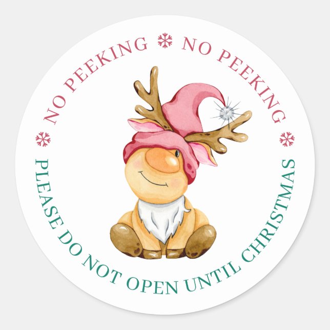 Cute Reindeer Gnome No Peeking Until Christmas Classic Round Sticker (Front)