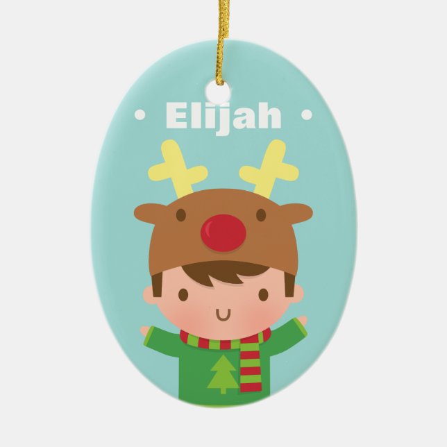 Cute Reindeer Hat Boy Name Christmas Decor Ceramic Tree Decoration (Front)
