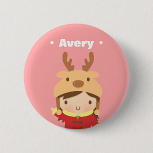Cute Reindeer Hat Girl Kids Christmas Fillers 6 Cm Round Badge