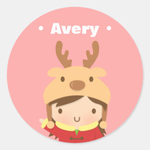 Cute Reindeer Hat Girl Kids Christmas Fillers Classic Round Sticker