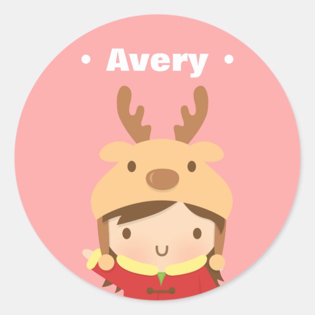 Cute Reindeer Hat Girl Kids Christmas Fillers Classic Round Sticker (Front)