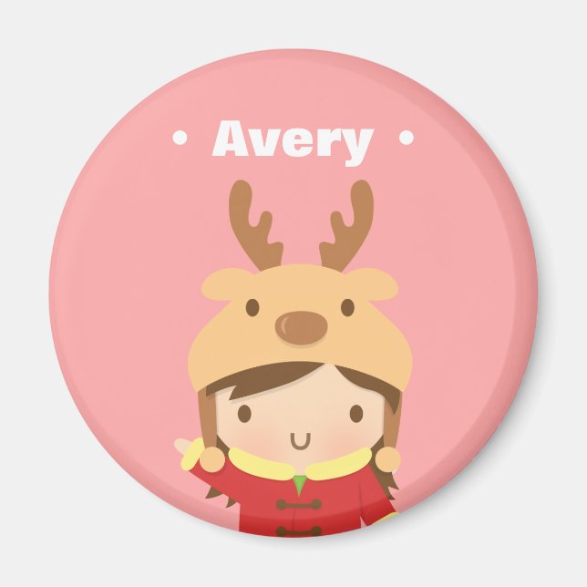 Cute Reindeer Hat Girl Kids Christmas Fillers Magnet (Front)