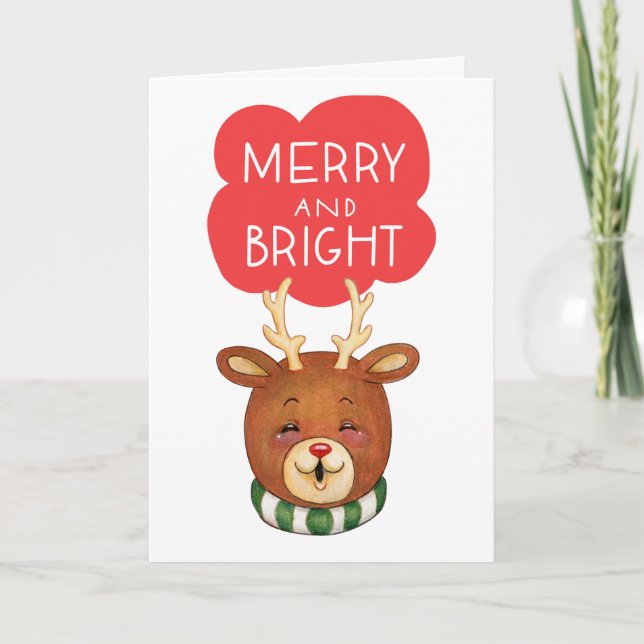 Cute Reindeer Head Merry and Bright Holiday Card (Front)