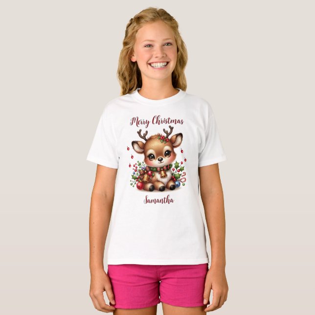 Cute Reindeer Holiday Tee-Shirt -Personalised T-Shirt (Front Full)