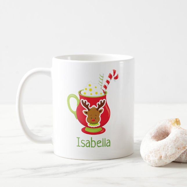 Cute Reindeer Hot Cocoa Personalised Christmas Mug (With Donut)